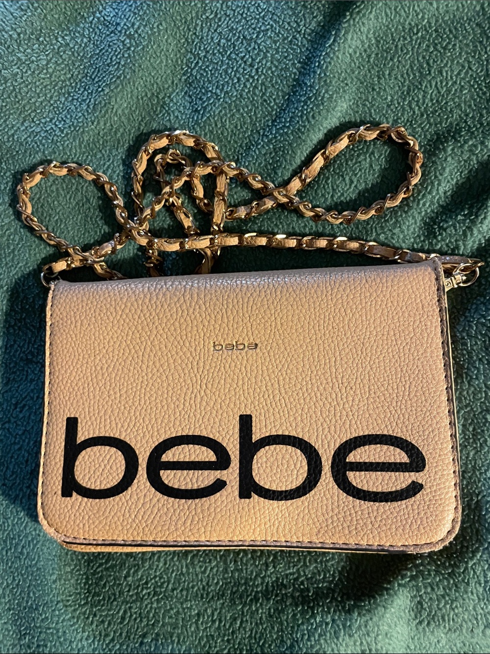 bebe Cream Crossbody Bag with Black Logo and Gold Chain